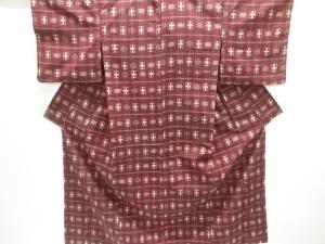 格子に絣柄織り出し手織り紬単衣着物